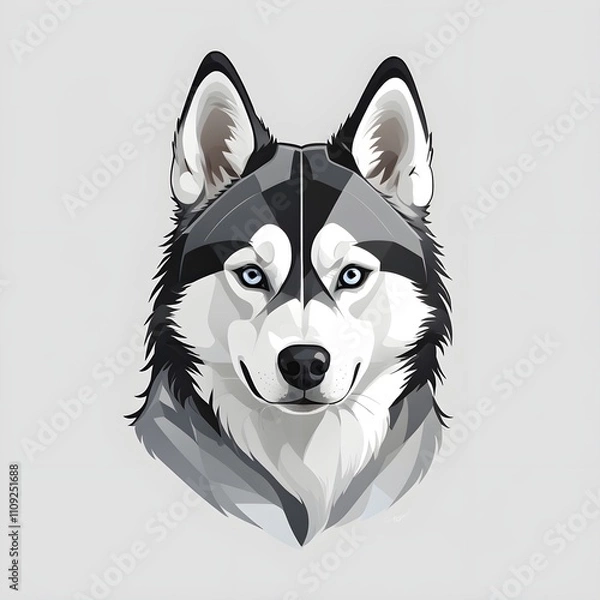 Fototapeta Illustration drawing portrait of a grey huskey head in front view on light background (isolated).
