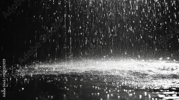 Fototapeta Dramatic rainfall captured in black and white with water droplets splashing on a wet surface

