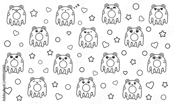 Fototapeta A large set of coloring pages with kawaii donuts with bear ears and a funny face. Various Kawaii emotions.Vector illustration isolated on white background.