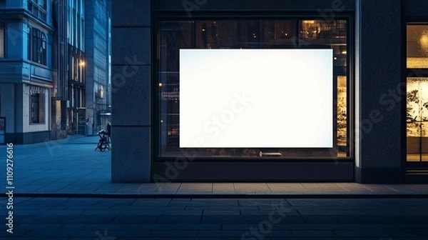 Fototapeta white Blank Mockup Of Store Street Showcase Advertising Poster Window In A City At Night.