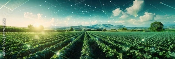 Obraz A vibrant landscape of rows of crops under a bright sky, blending nature with digital elements, symbolizing innovation in agriculture.