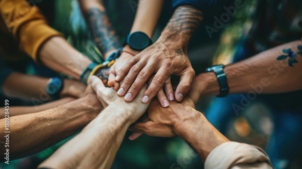 Obraz A warm, collaborative image showing diverse hands coming together in unity, symbolizing teamwork and shared purpose.