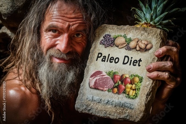 Fototapeta Photo of a caveman holding a stone with the text "Paleo Diet" and images of meat, fruit, and vegetables. The caveman is smiling, in the style of portrait photography.