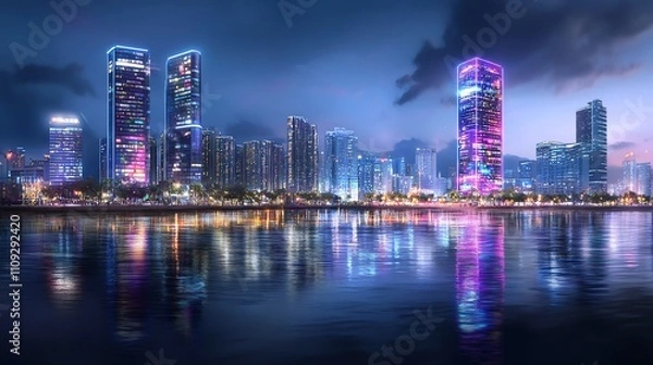 Fototapeta A stunning cityscape at dusk showcasing modern skyscrapers with vibrant lights reflecting on the calm water, creating a mesmerizing urban skyline scene.