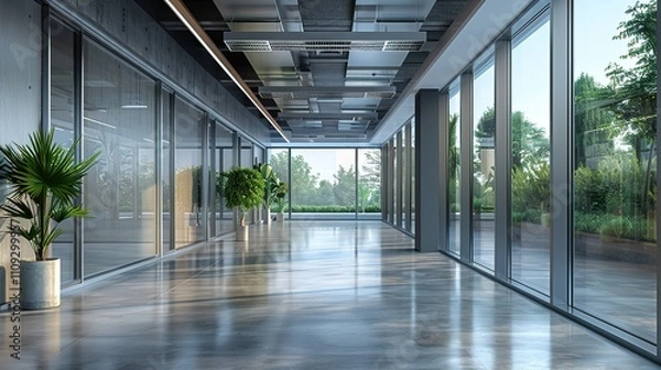 Fototapeta Empty hallway in a modern office building with large windows and glossy floors.