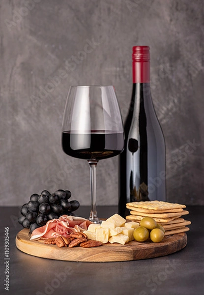 Fototapeta Food photography of red wine, cheese parmesan, prosciutto, olives, pecan, grapes, crackers, wine glass and bottle, assortment, party meal, snacks