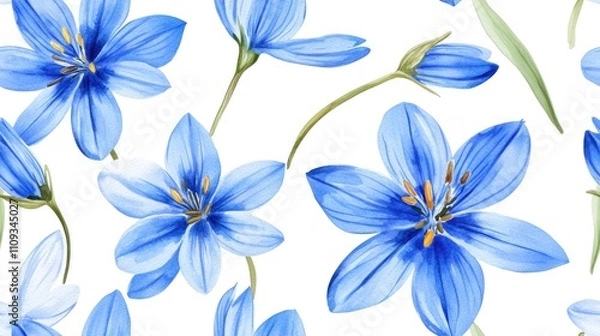 Fototapeta Seamless watercolor pattern of Siberian Squill flowers on a white backdrop for decorative textiles and wallpapers