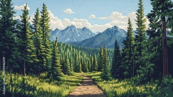 Fototapeta Forest Trail Leading to Mountains in Detailed Cartoon Style. AI generated illustration