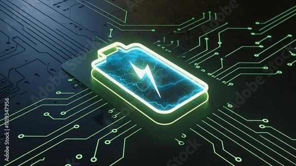 Obraz A striking image of a glowing battery icon on a circuit board, symbolizing energy storage and efficiency.