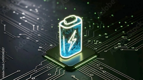 Obraz A vibrant image of a glowing battery icon on a circuit board, representing energy and technological advancement.