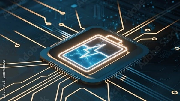 Obraz A glowing battery icon with a lightning bolt, set against a circuit board background. Ideal for tech, science, and innovation themes.