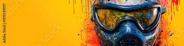 Fototapeta Vibrant paintball mask splattered with colorful ink on yellow