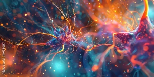 Fototapeta A vibrant abstract depiction of neural connections, showcasing colorful synapses and glowing particles in a dynamic, interconnected network.