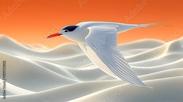 Obraz A stunning white bird with a striking red beak gracefully flies over a serene ocean landscape, bathed in warm orange and cream tones, evoking a sense of tranquility and freedom.