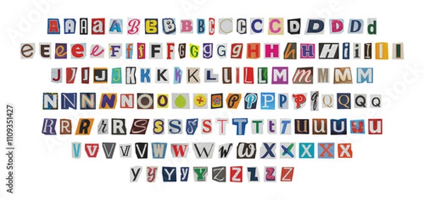 Obraz big set of cut-out english png alphabet from magazines on a transparent background, retro y2k ransom style