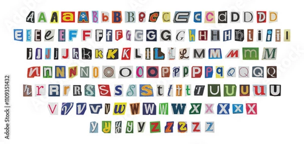 Obraz big set of cut-out english png alphabet from magazines on a transparent background, retro y2k ransom style