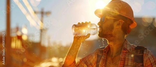Obraz Construction Worker Hydration Break: Preventing Heat Illness on Sunny Day