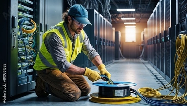 Obraz Technician organizes wires in a high-tech server facility layout.