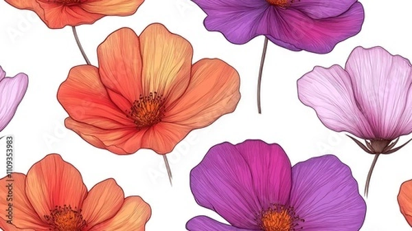 Fototapeta Seamless pattern of hand drawn flowers featuring vibrant colors on a white background perfect for fabric design and home decor