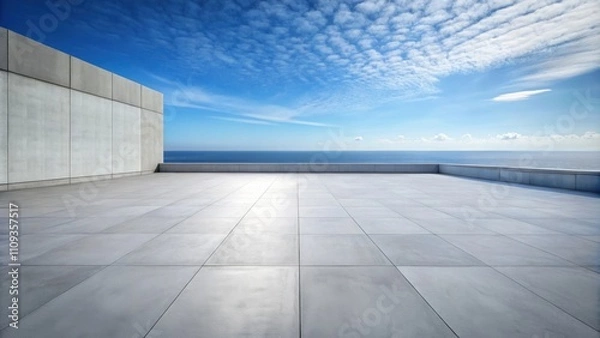 Fototapeta Empty concrete floor and gray wall with sea view plaza and clear sky in the background, concrete, floor, gray