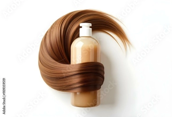 Fototapeta Shampoo bottle wrapped in lock of hair isolated on white, top view. Natural cosmetic products
