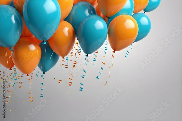 Obraz Colorful balloons with ribbons and confetti flying on grey background