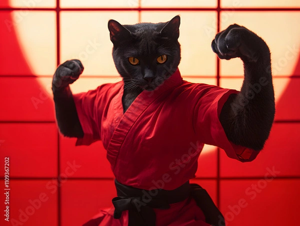 Fototapeta muscular black cat in red karate uniform strikes powerful pose, showcasing strength and confidence against vibrant red backdrop