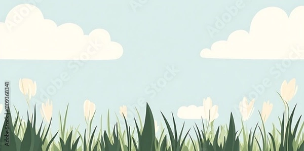 Fototapeta A simple, flat illustration of a grassy field with pastel green grass, white clouds, and a light blue sky, inspired by children's book designs. 