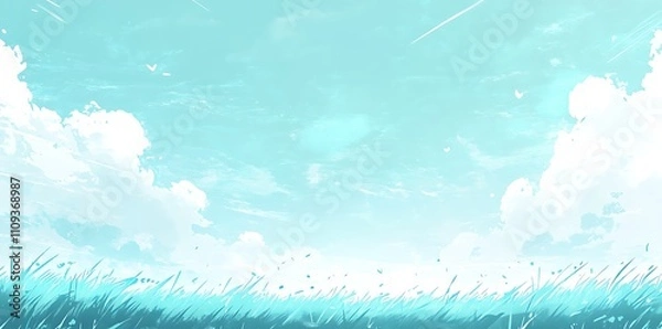 Fototapeta A simple, flat illustration of a grassy field with pastel green grass, white clouds, and a light blue sky, inspired by children's book designs. 