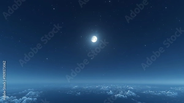 Obraz A serene night sky illuminated by a bright moon over soft clouds.