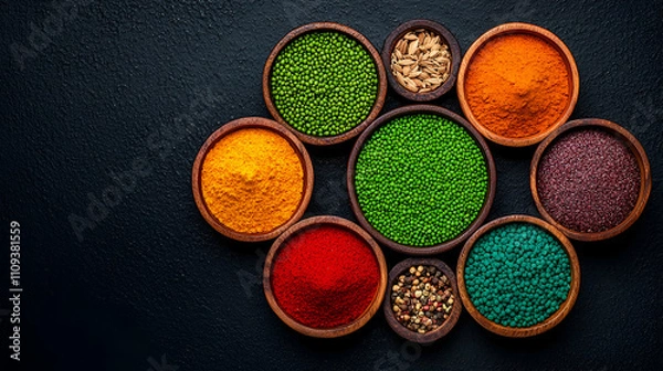 Fototapeta A vibrant arrangement of colorful spices in bowls, showcasing a variety of textures and hues, perfect for culinary inspiration.