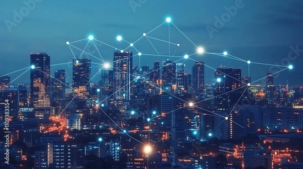 Obraz Night cityscape with glowing network connections.