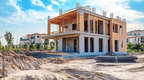 Fototapeta Modern house under construction.  Wooden frame and concrete foundation visible.