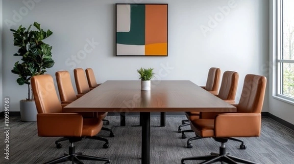 Fototapeta Modern Conference Room with Leather Chairs and Abstract Art