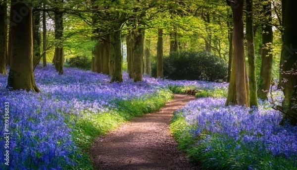 Obraz path through forest with flowering common bluebells hyacinthoides non scripta cornwall england great britain