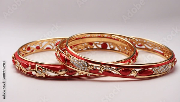 Obraz Two red bangles, layered, with gold filigree detailing.

