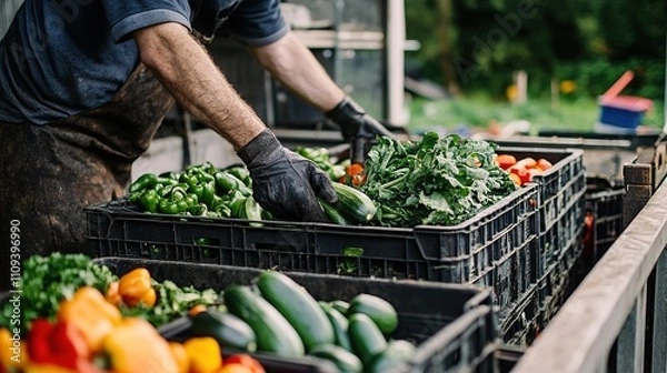Fototapeta Fresh vegetable crates being loaded onto a delivery vehicle at an organic farm.