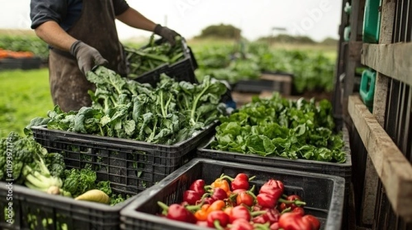 Fototapeta Fresh vegetable crates being loaded onto a delivery vehicle at an organic farm.
