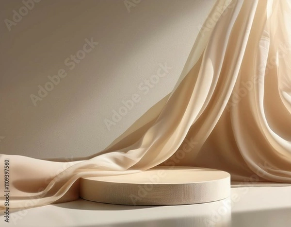 Obraz modern minimal and luxury geometric design of acrylic beige podium table and blowing sheer curtain in sunlight on cream white wall for elegant jewelry beauty cosmetic product display background
