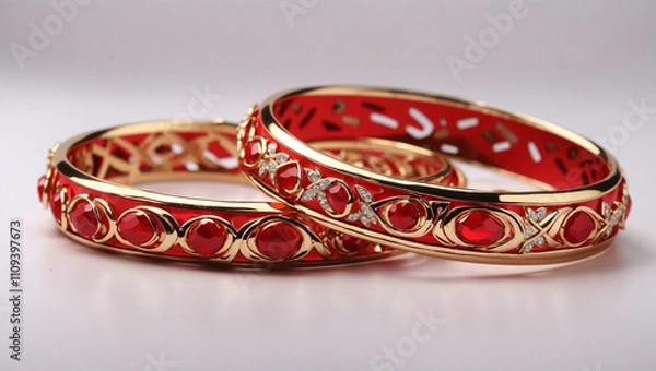 Obraz Two red bangles, layered, with gold filigree detailing.

