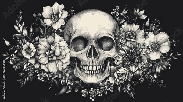 Fototapeta A skull surrounded by intricate floral designs in monochrome.