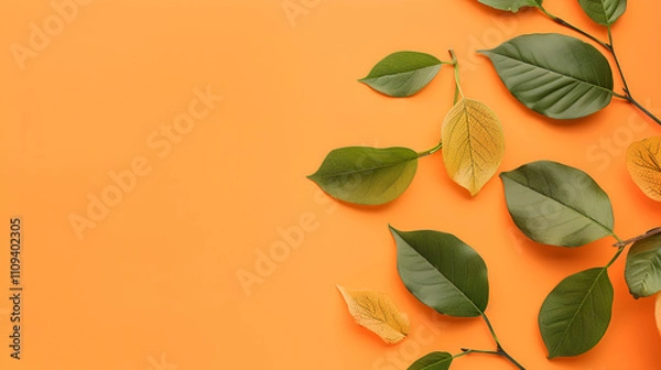 Fototapeta An imaginative arrangement including leaves on a vivid orange 
