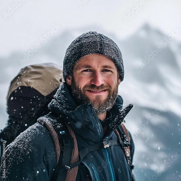 Fototapeta Portrait of man hiker during a snowy hike.
