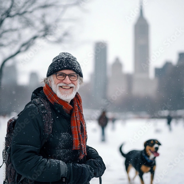 Fototapeta Happy Older man walking dog in a snowy city. Space for ad text