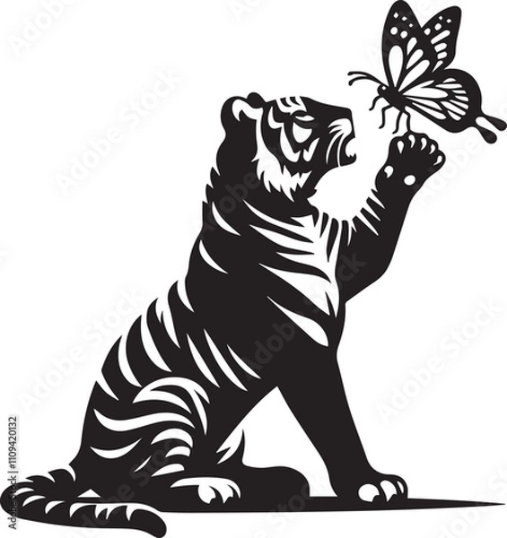 Fototapeta A tiger playing with a butterfly perched on its nose vector silhouette
