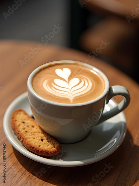 Fototapeta A traditional cappuccino with latte art in a ceramic mug, served with biscotti on the side, placed on a rustic wooden café table. Generative AI artwork.