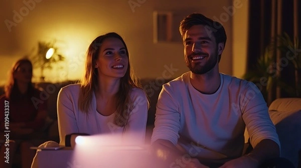 Obraz A couple enjoys a movie night with a projector, smiling and engaged in the moment.