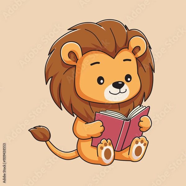 Fototapeta A cute lion reading a book. Cartoon illustration of vector art. Back to school theme