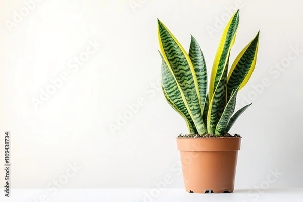 Fototapeta Vibrant potted snake plant on clean white background, minimalist style