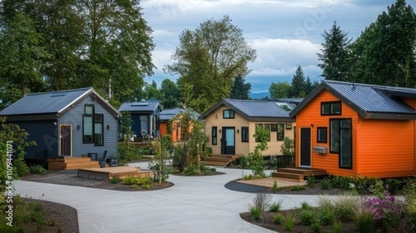 Fototapeta Colorful tiny houses in a community setting, showcasing modern, eco-friendly design and landscaping.
